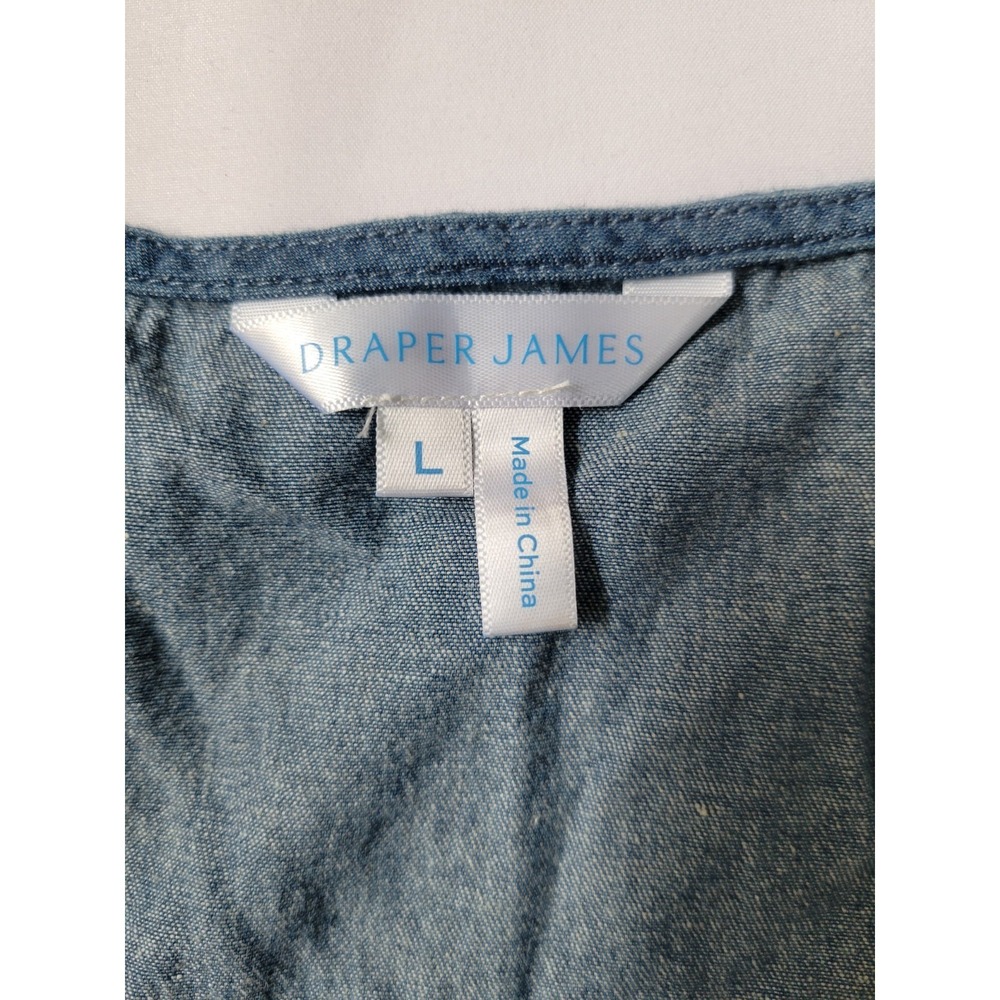 Draper James Chambray Heidi V-Neck Puff Sleeve Denim Blue Women's Top Sz L - Picture 6 of 8